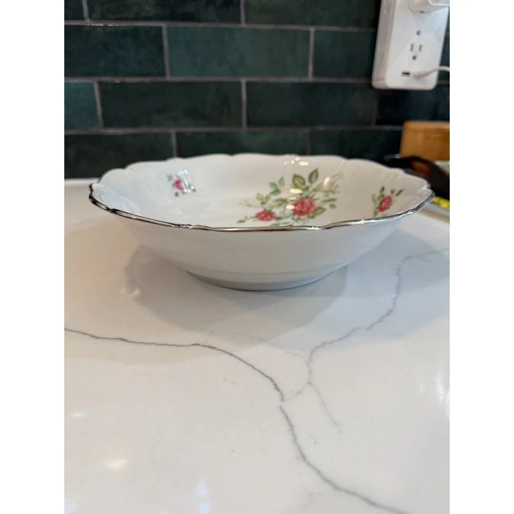 Chalfonte Bavaria Germany Rose Silver Rim Serving Bowl 9.5